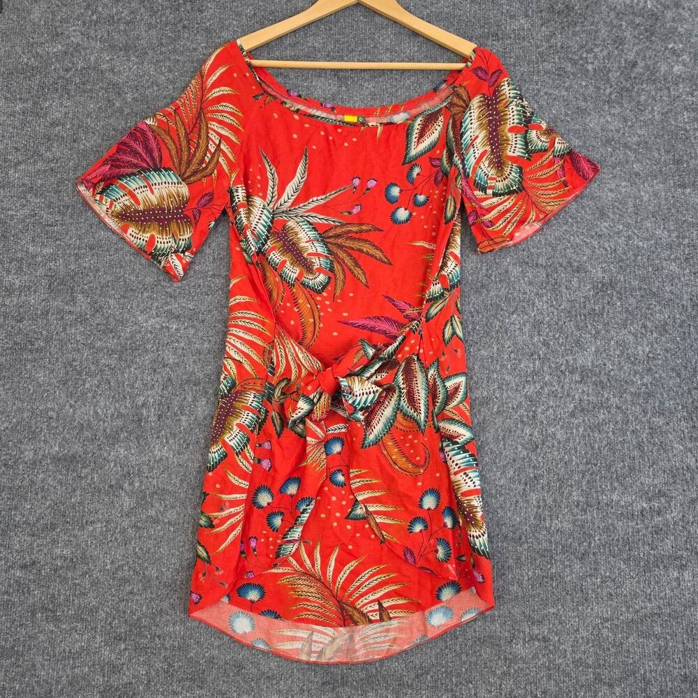 Farm Rio Dress Small Tropical Floral Shift Mini Red Belted Hi Low Boho Resort